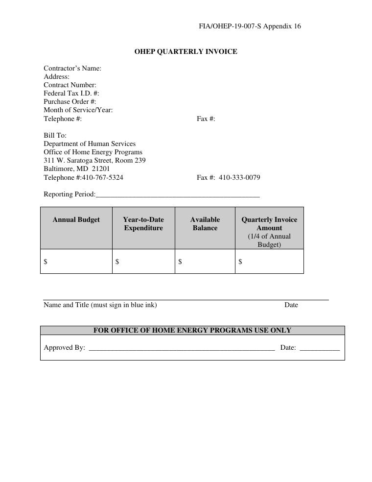 Maryland DHS OHEP Quarterly Invoice Template document preview