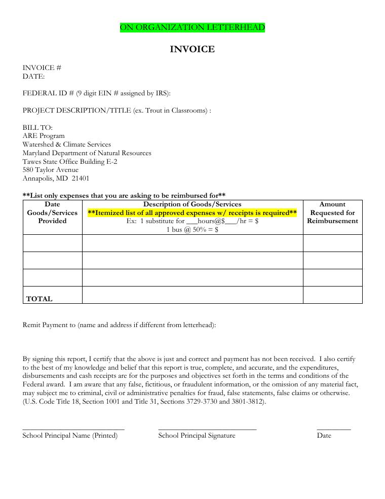 Maryland DNR ARE Vendor Invoice Template document preview