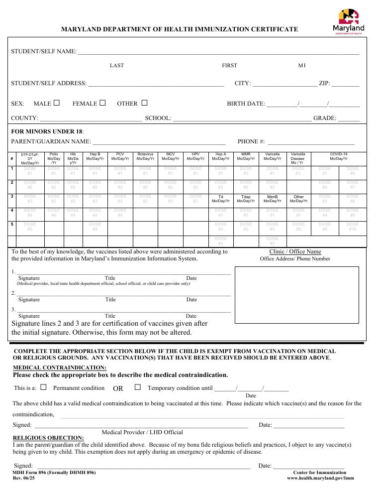 Maryland Immunization Certificate Form 896 document preview