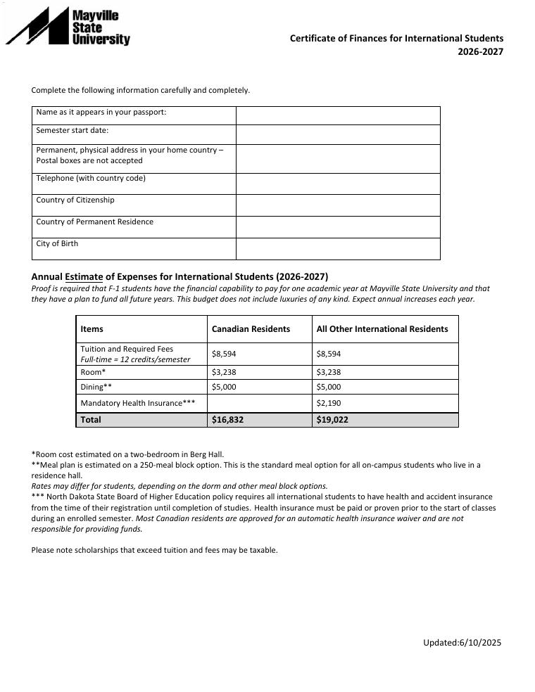 Mayville State University Certificate of Finances 2026-2027 document preview