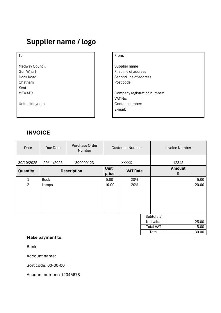 Medway Council Supplier Invoice Example document preview