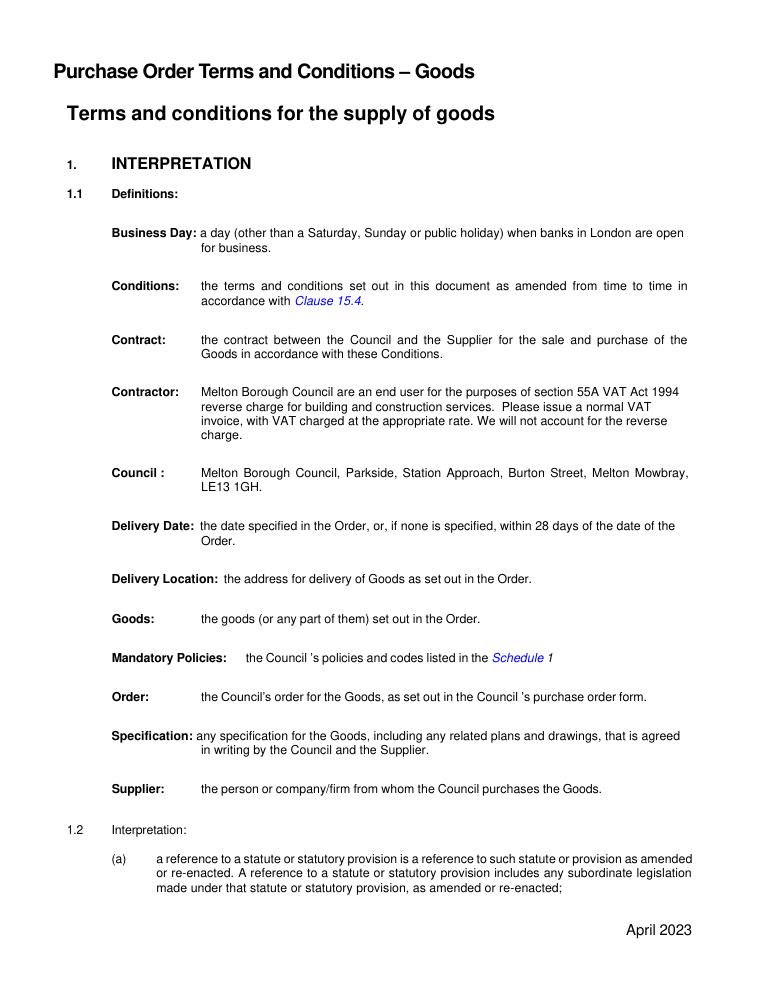 Melton Borough Council Purchase Order Terms and Conditions Goods 2023 document preview