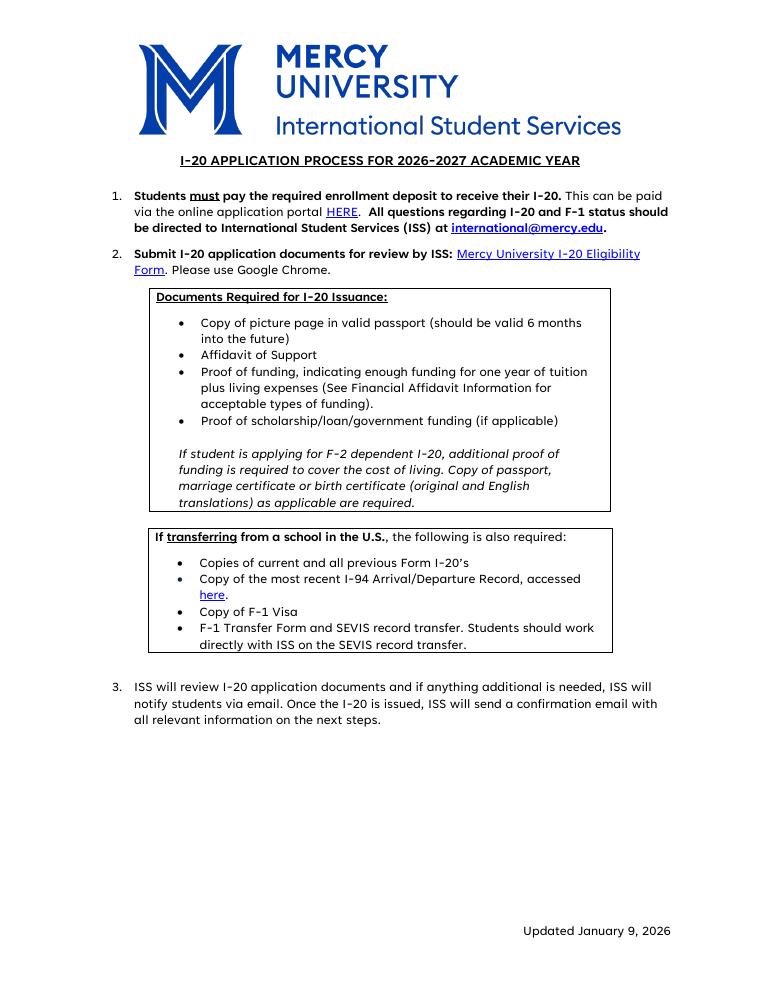 Mercy University Affidavit of Support 2026-2027 I-20 Guide document preview