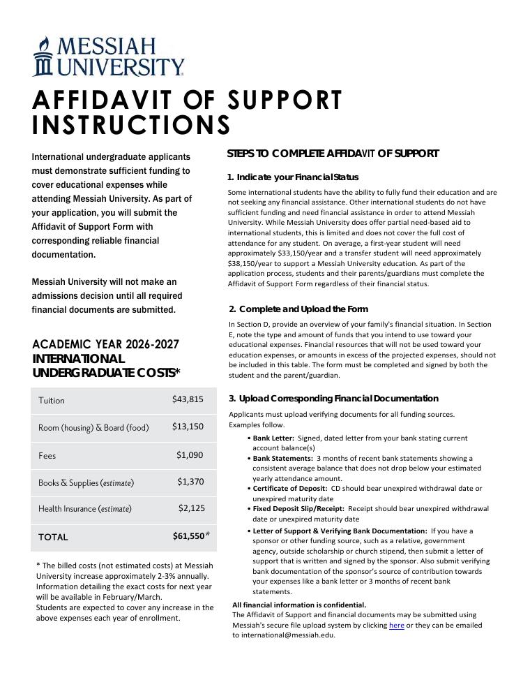 Messiah University 2026-2027 Affidavit of Support Instructions document preview