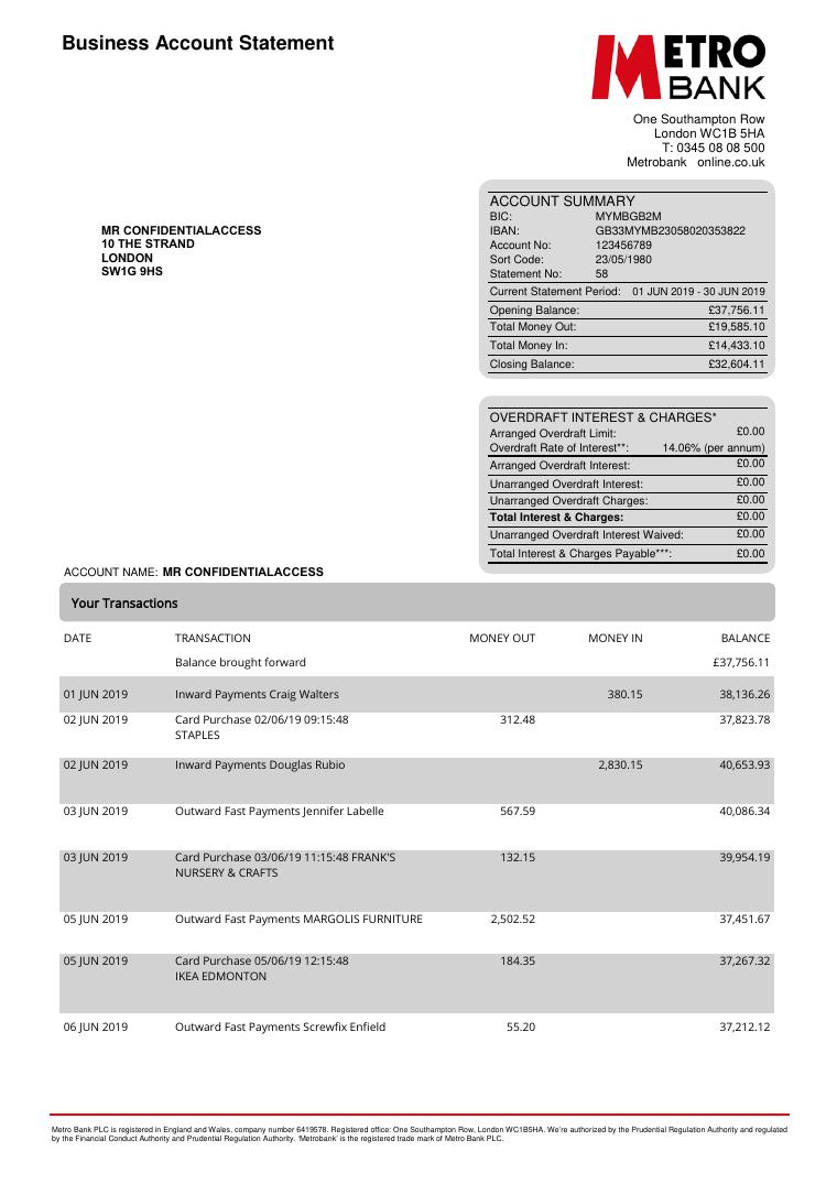Metro Bank Statement document preview