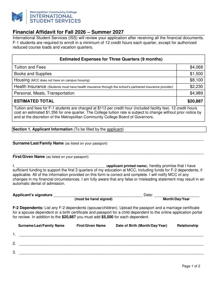 Metropolitan Community College Financial Affidavit 2026-2027 document preview