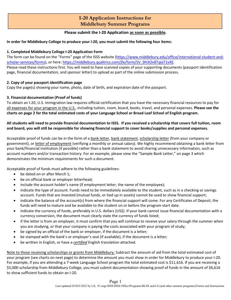 Middlebury Summer Programs I-20 Sample Bank Letter Instructions document preview