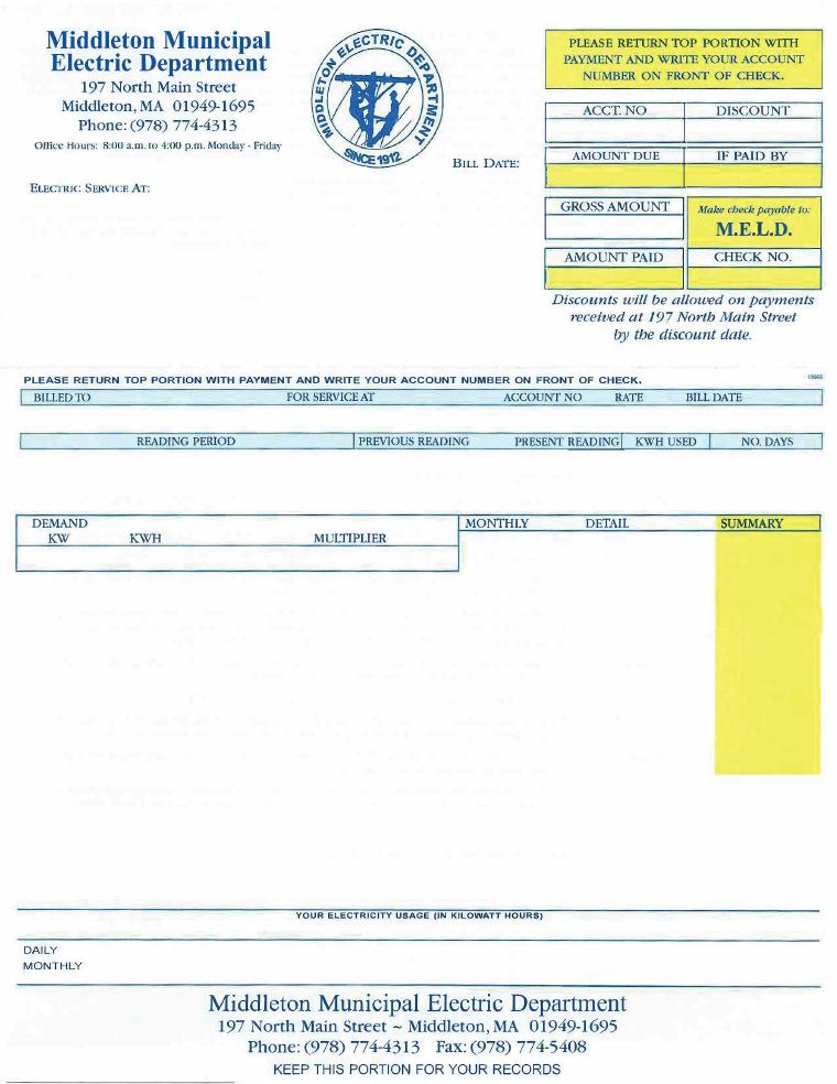Middleton Municipal Electric Department Sample Electric Bill document preview