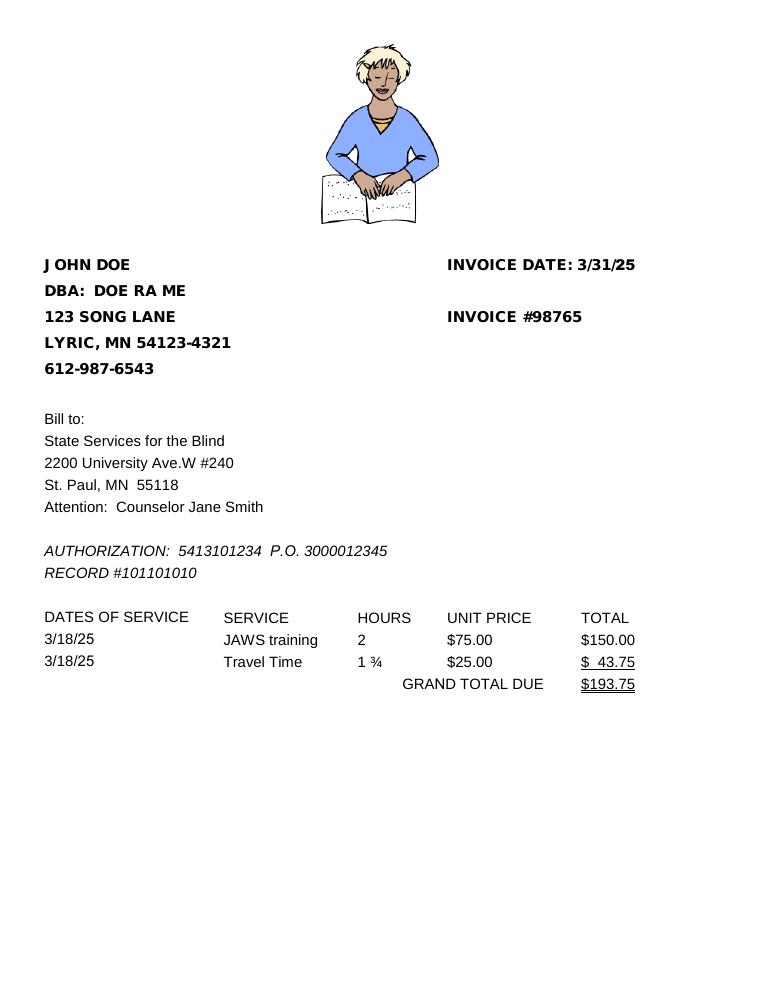 Minnesota State Services for the Blind Sample Invoice document preview