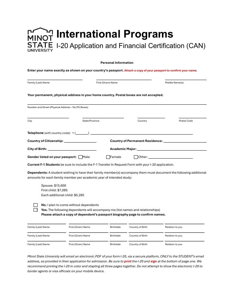 Minot State University I-20 Application and Financial Certification Canada 2026-2027 document preview