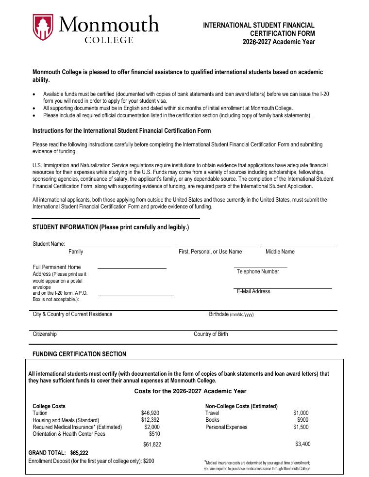 Monmouth College Certification of Finances Sample Bank Statement document preview
