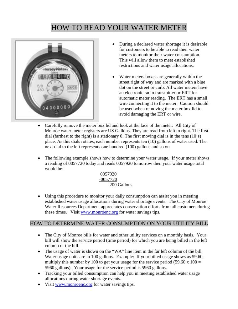 Monroe How to Read Your Water Meter and Utility Bill document preview