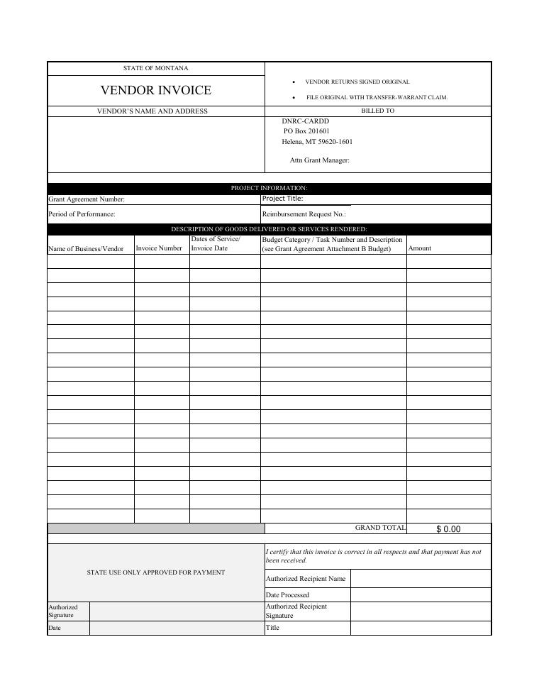 Montana DNRC Vendor Invoice document preview