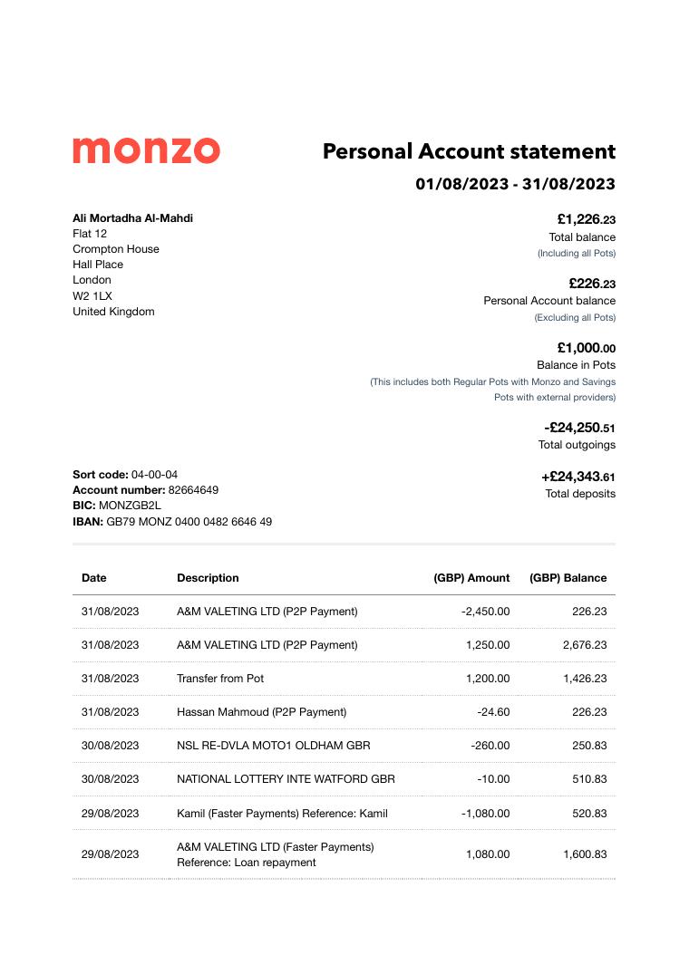 Monzo Bank Statement 2023 08 01 2023 08 31 7658[3202] document preview