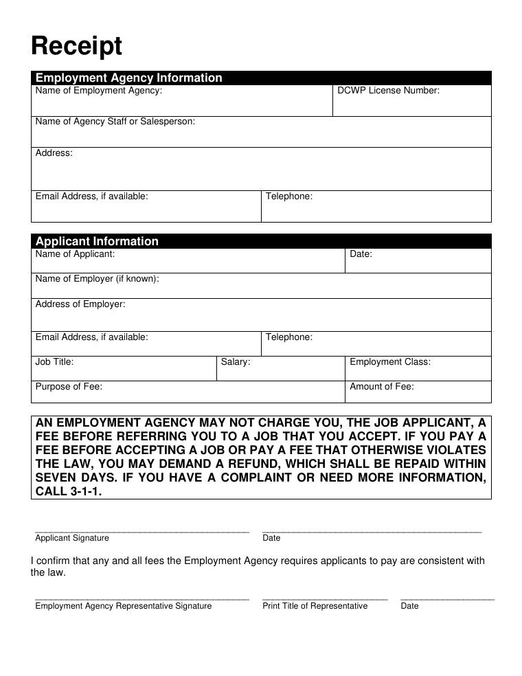 NYC Employment Agency Sample Receipt document preview