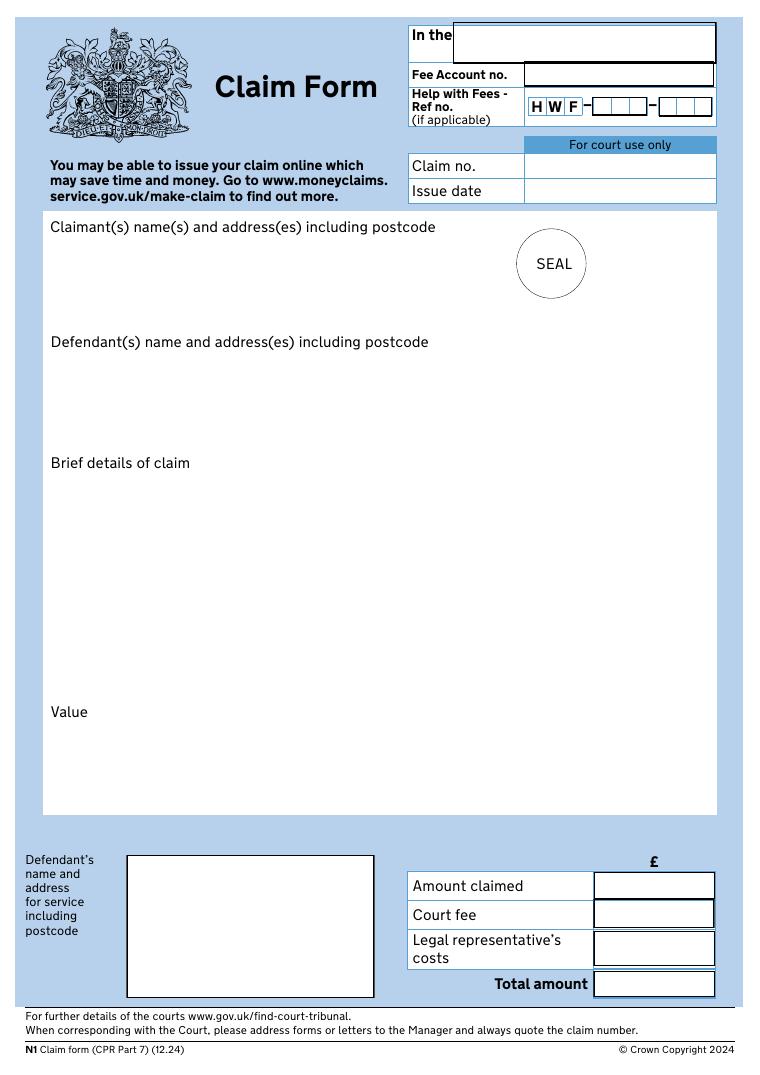 N1 Claim Form (CPR Part 7) document preview
