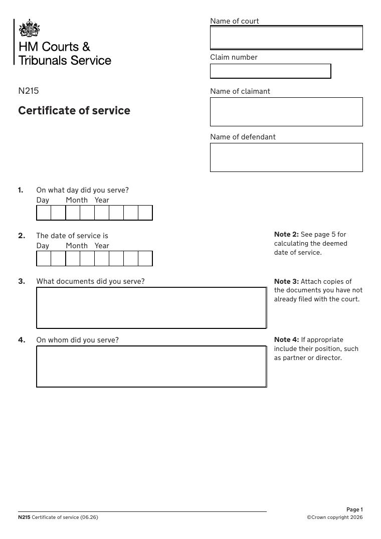 N215 Certificate of Service document preview