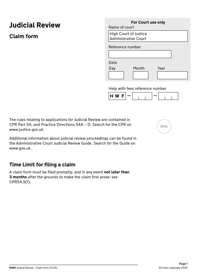 N461 Judicial Review Claim Form document preview