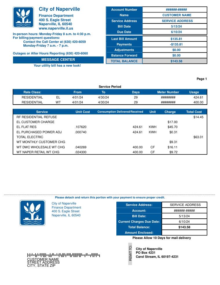 Naperville Utility Bill Sample June 2024 document preview