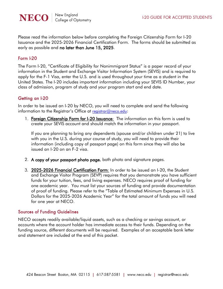 New England College I-20 Guide Bank Letter and Statement Examples document preview