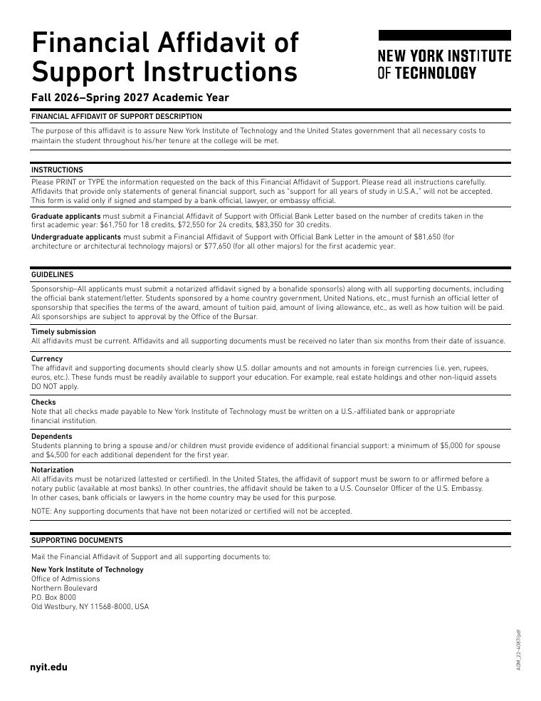 New York Institute of Technology Financial Affidavit of Support 2026-2027 document preview