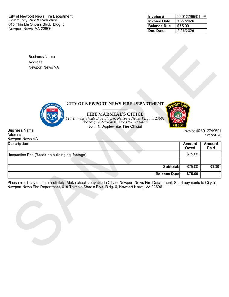 Newport News Fire Marshal Sample Invoice document preview