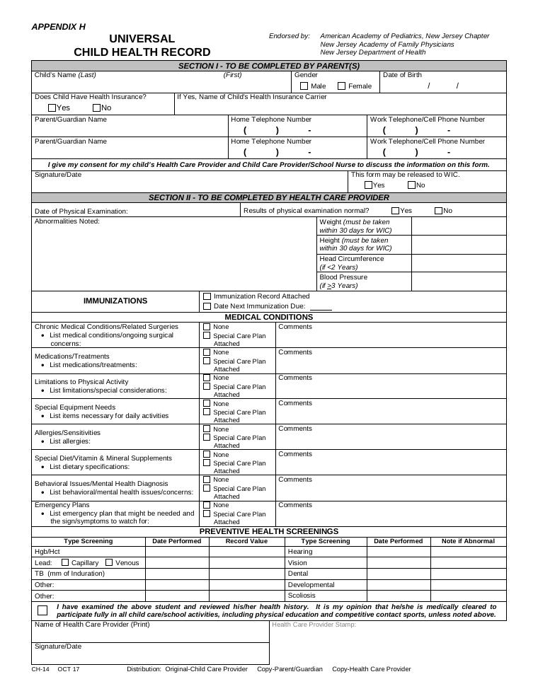 NJ CH-14 Universal Child Health Record document preview