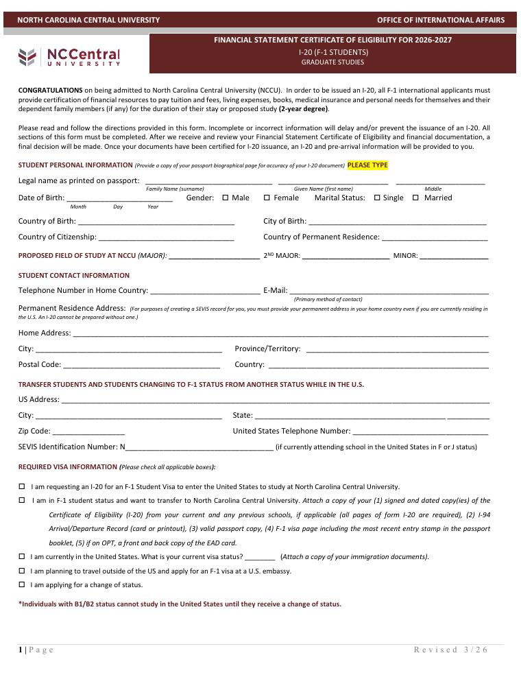 North Carolina Central University Financial Statement Certificate of Eligibility 2026-2027 document preview