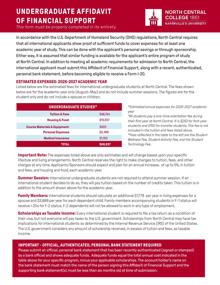 North Central College Affidavit of Financial Support 2026-2027 document preview