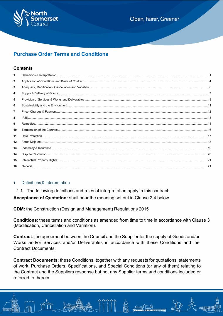 North Somerset Council Purchase Order Terms and Conditions March 2025 document preview