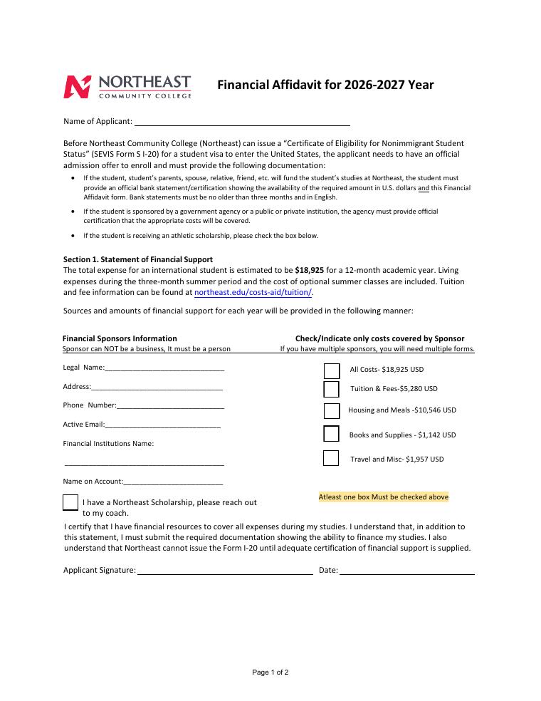 Northeast Community College Financial Affidavit for International Students 2026-2027 document preview