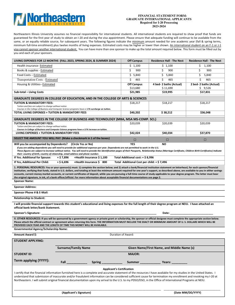 Northeastern Illinois Graduate Financial Statement Form with Sample Bank Letter document preview