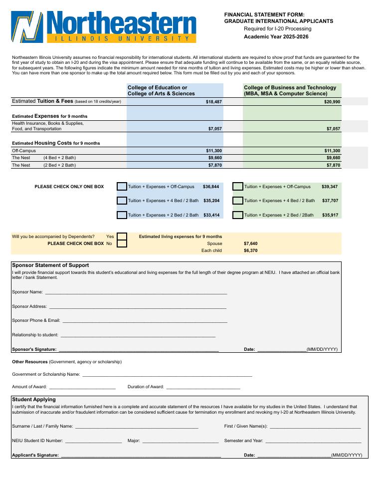 Northeastern Illinois University Graduate Financial Statement Form 2025-2026 document preview