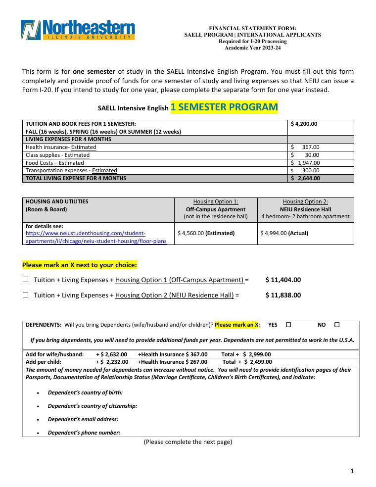 Northeastern Illinois University SAELL Financial Statement Form 2023-2024 document preview