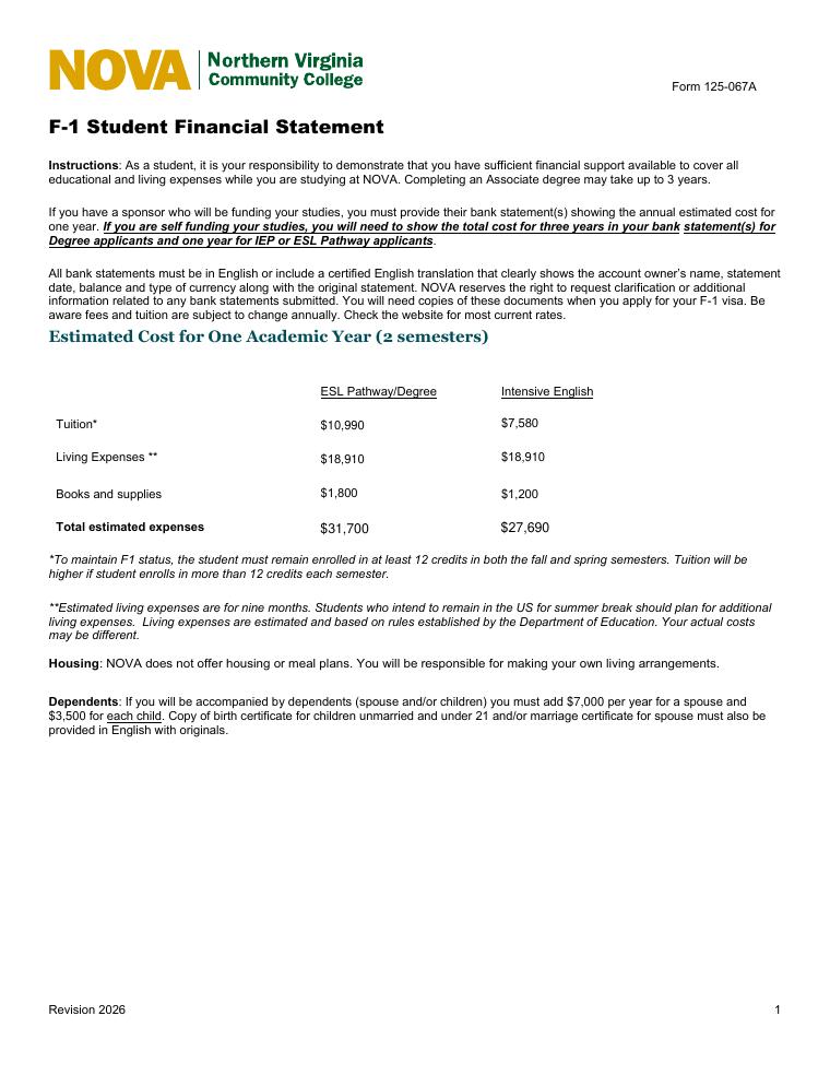 Northern Virginia Community College F-1 Student Financial Statement document preview