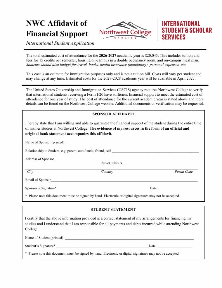 Northwest College Affidavit of Financial Support 2026-2027 document preview