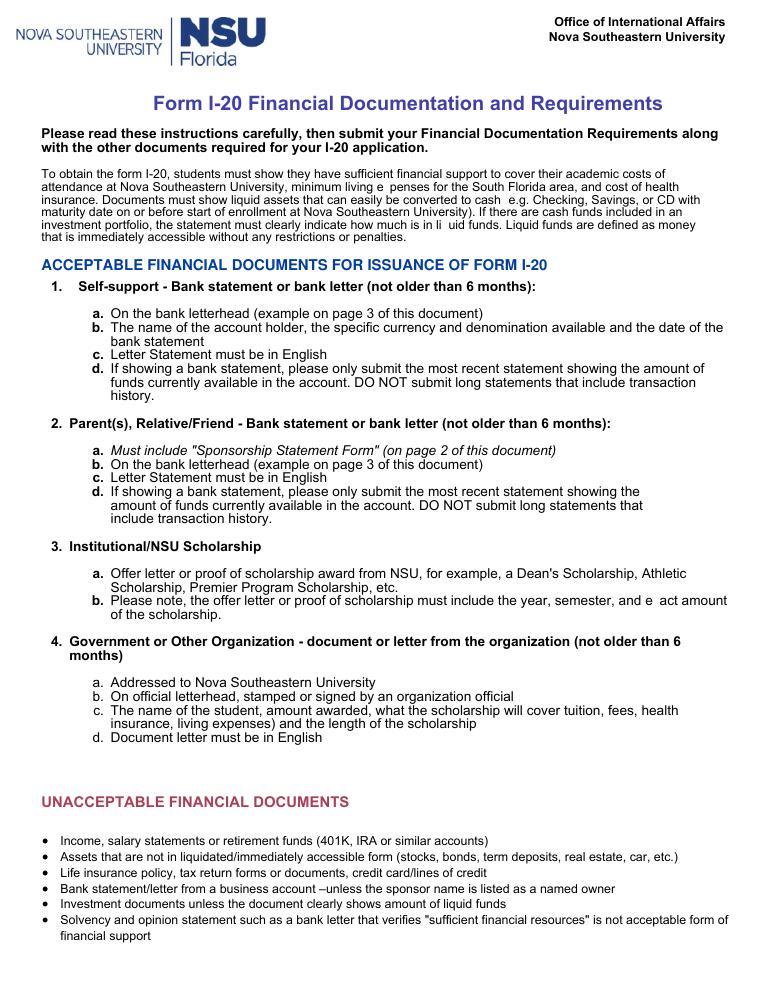 Nova Southeastern I-20 Financial Documentation Requirements document preview