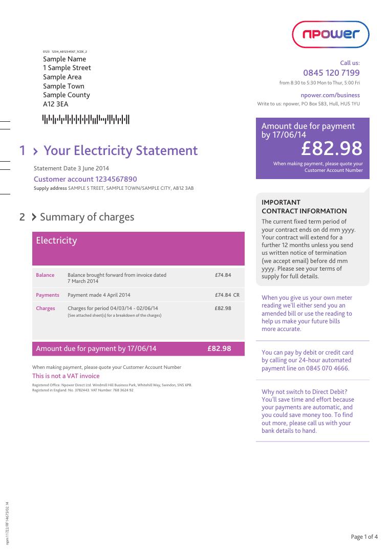 Npower Example Bill 2014 document preview
