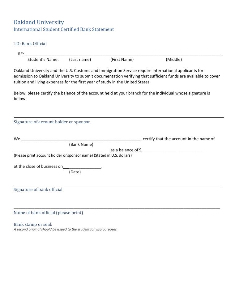 Oakland University International Certified Bank Statement Form document preview
