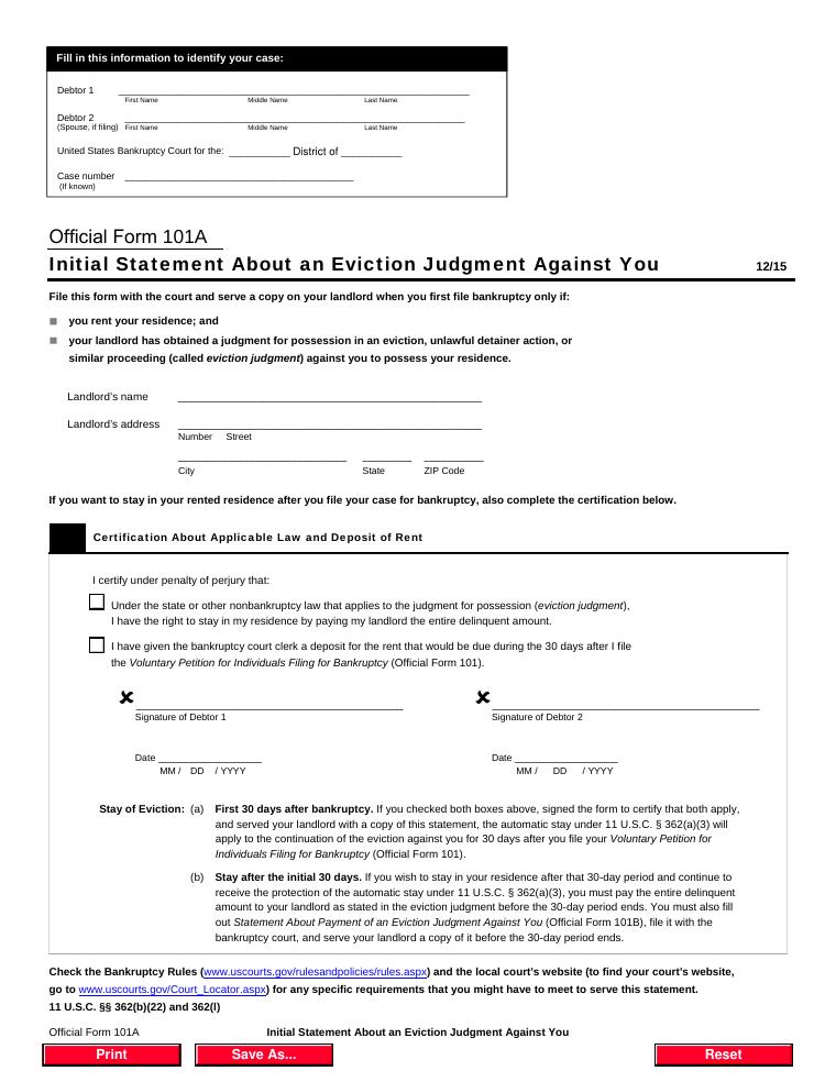 Official Form 101A Initial Statement About an Eviction Judgment Against You document preview