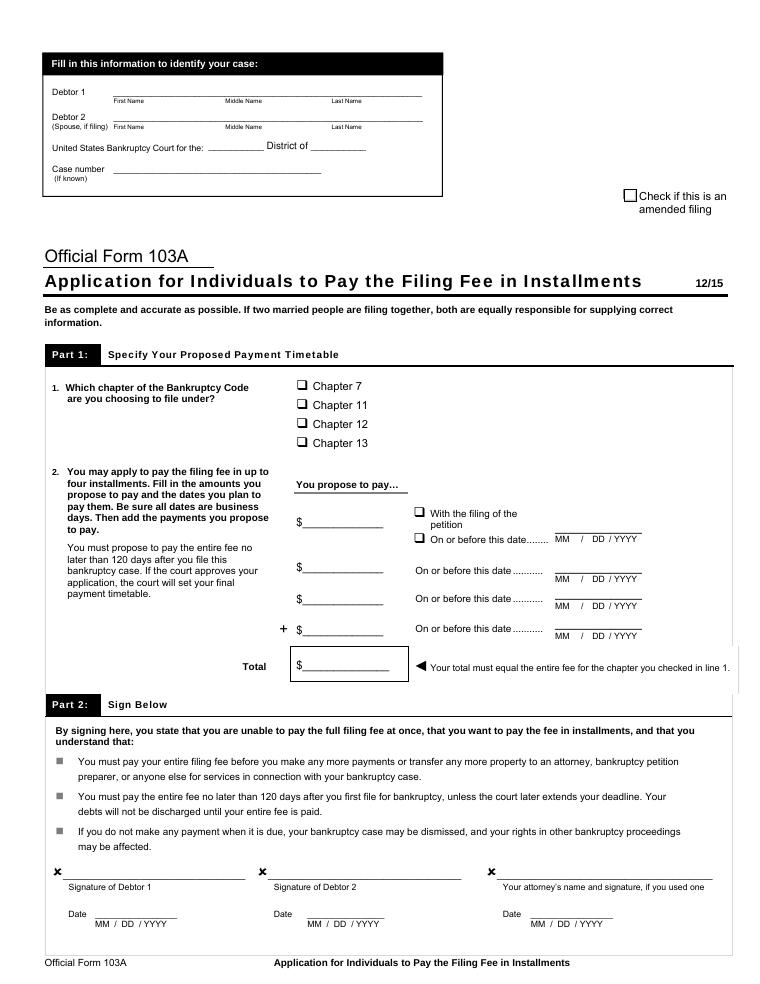 Official Form 103A Application for Individuals to Pay the Filing Fee in Installments document preview