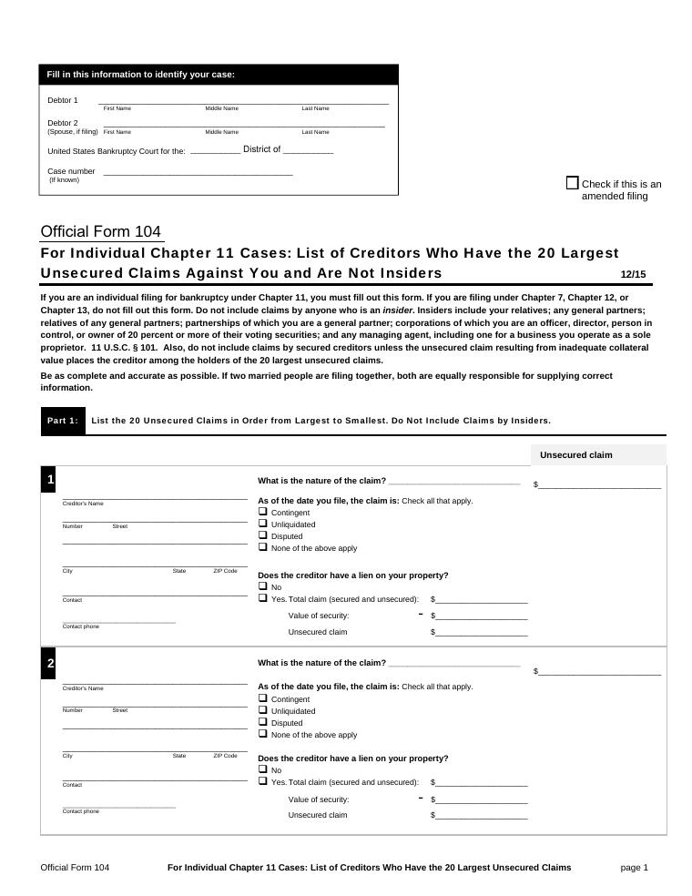 Official Form 104 List of Creditors Who Have the 20 Largest Unsecured Claims Against You document preview