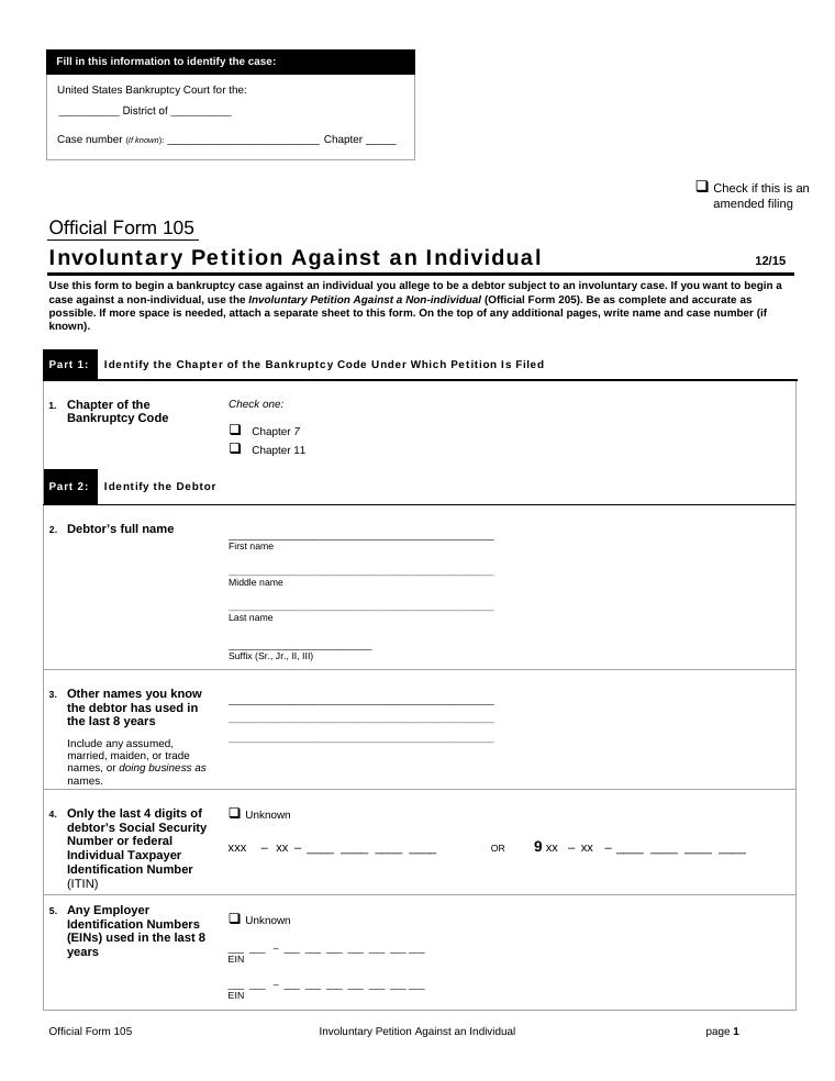 Official Form 105 Involuntary Petition Against an Individual document preview