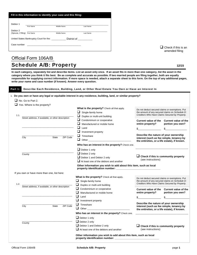 Official Form 106A/B Schedule A/B: Property document preview