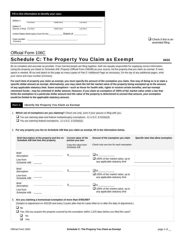 Official Form 106C Schedule C The Property You Claim as Exempt document preview