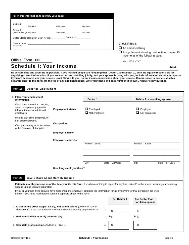 Official Form 106I Schedule I Your Income document preview