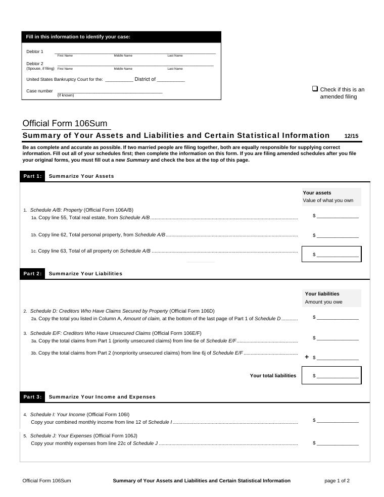 Official Form 106Sum Summary of Your Assets and Liabilities document preview
