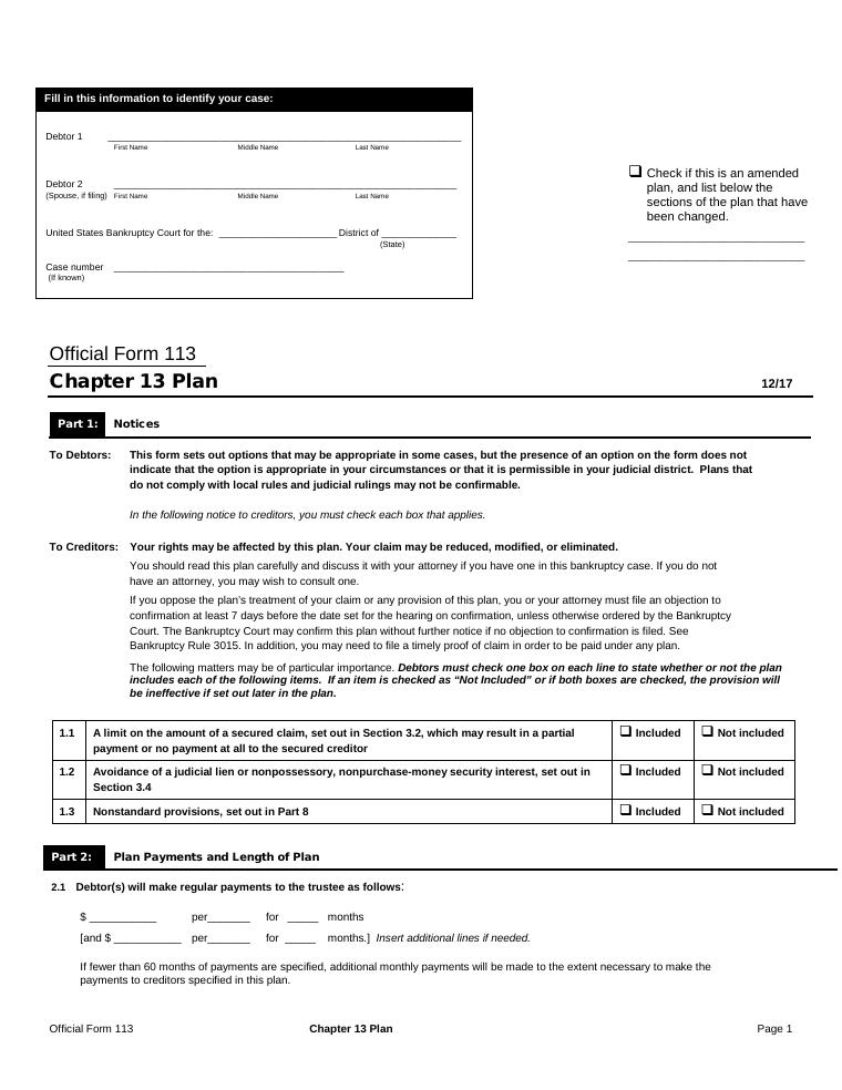 Official Form 113 Chapter 13 Plan document preview