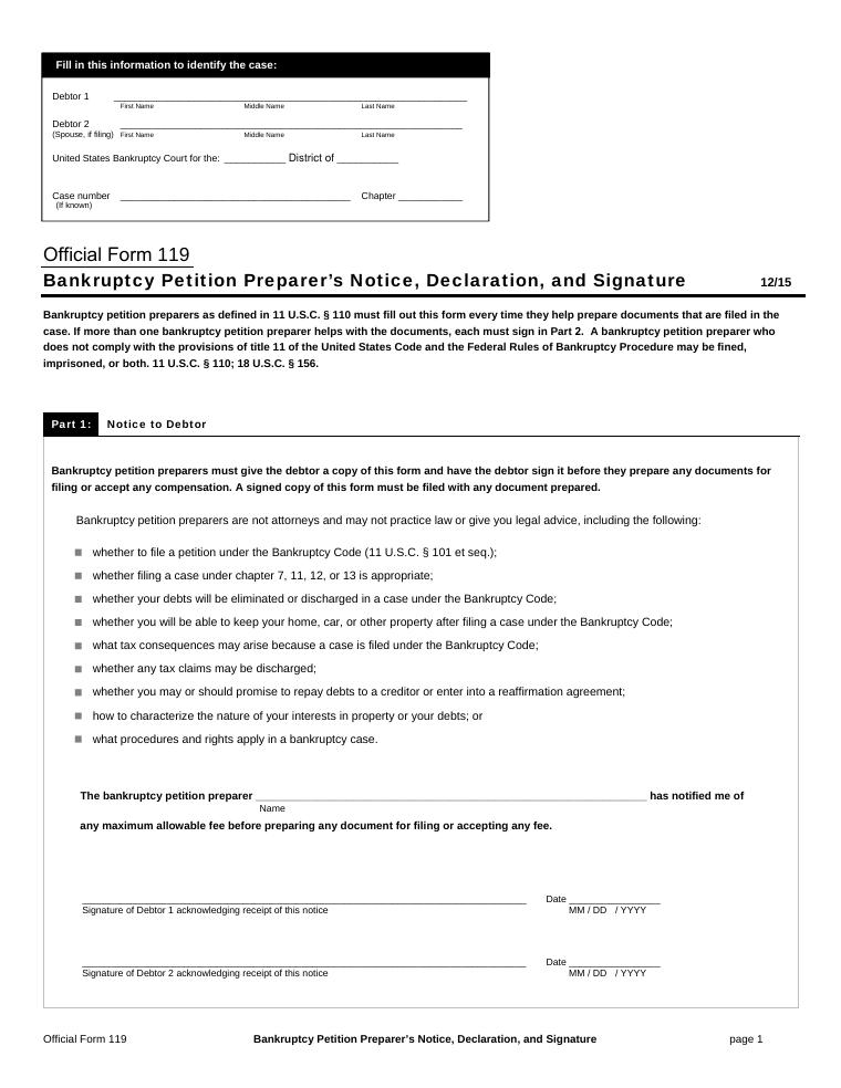 Official Form 119 Bankruptcy Petition Preparer Notice Declaration and Signature document preview