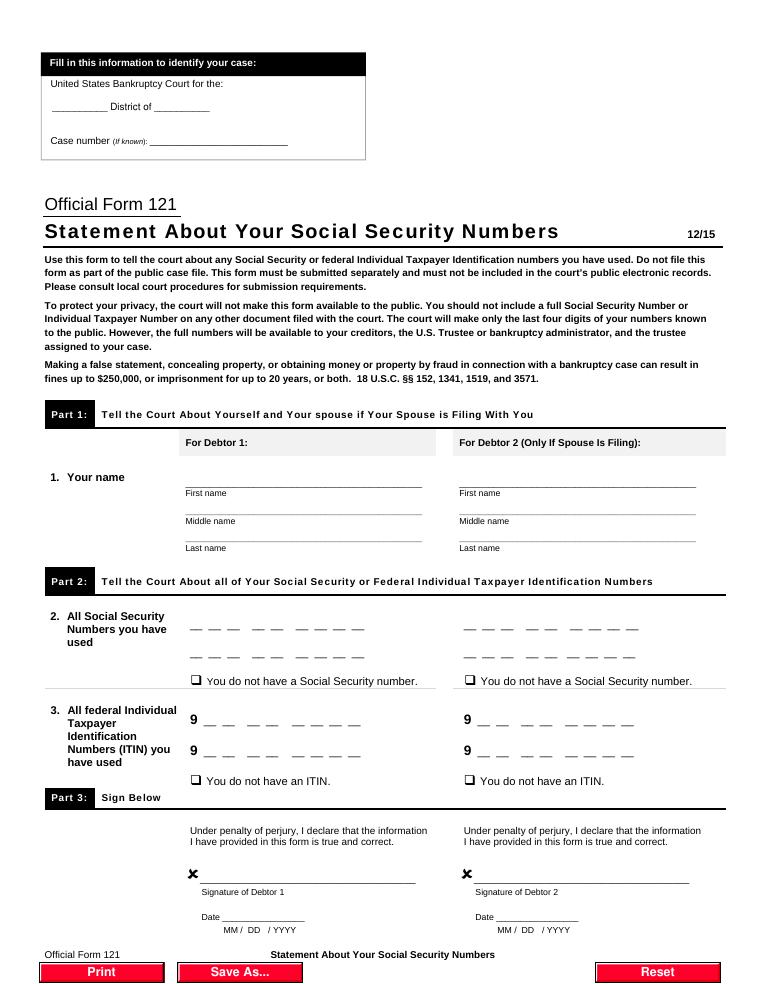 Official Form 121 Statement About Your Social Security Numbers document preview